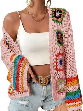 Floral Crochet Boho Cardigan Sweater - Hollow Out Design, Perfect for Layering